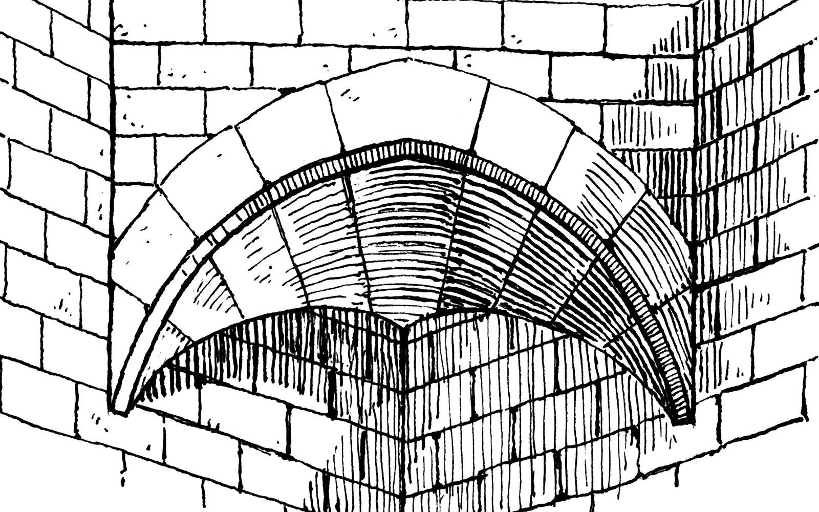 Line drawing of a stone squinch spanning a masonry corner to support a dome