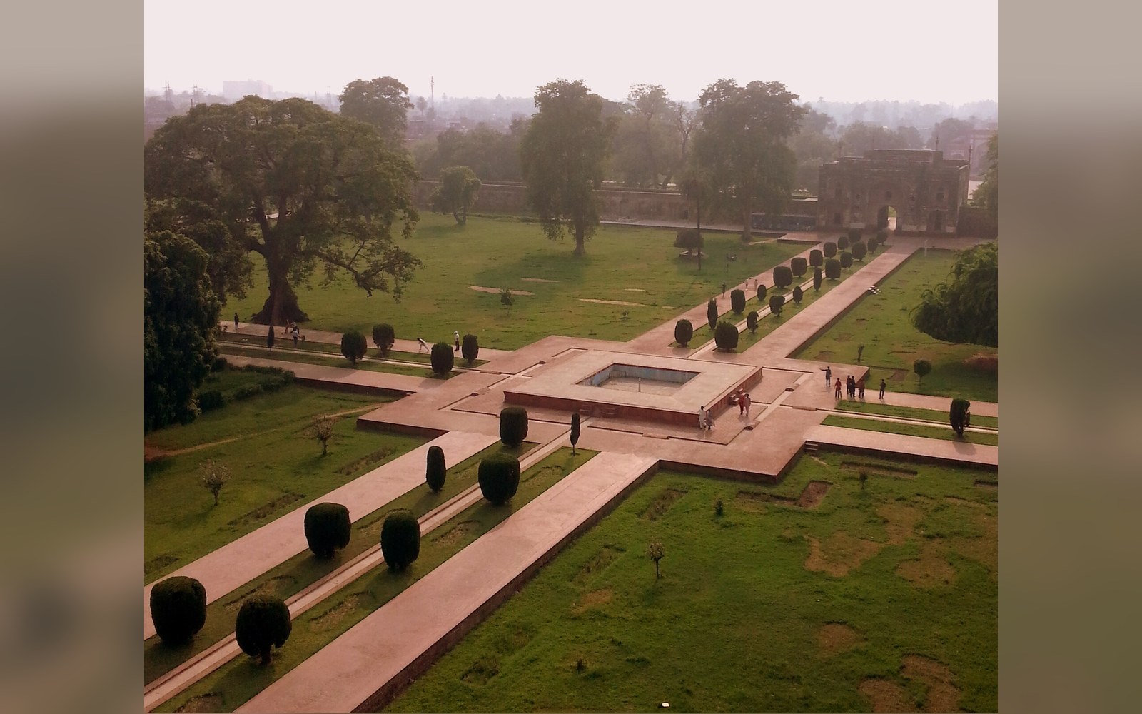 Aerial view of the charbagh garden at Jahangir's tomb with symmetrical hedge-lined pathways